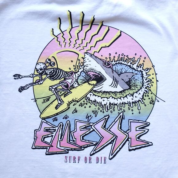 Ellesse T Shirt Size XL Surf or Die Graphic Print White Skeleton Shark Cotton - Picture 3 of 11